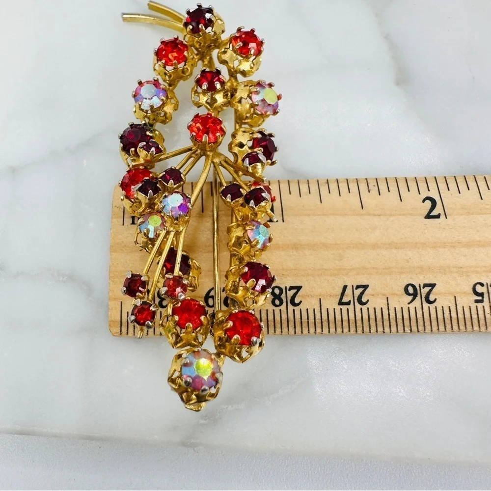 Vintage Austria 60s Rhinestone Brooch Pin AB Ice Red Pink Gold Tone Wire Leaf